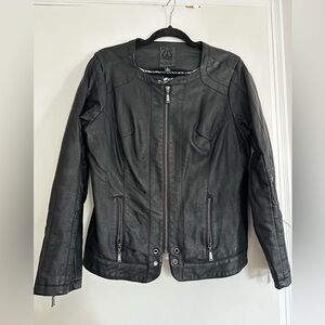 Odyn Women’s Black Vegan Leather  Moto Jacket. Quilted sides Metal Accents.